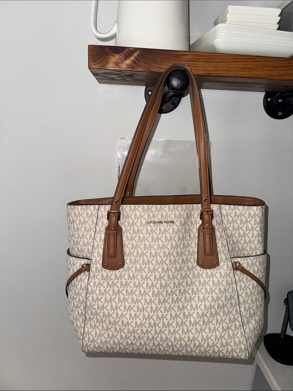 Michael Kors Cream MK Logo Tote with Brown Trim